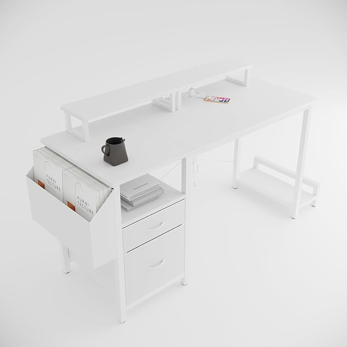 47.3 Office Desk with Power Outlet2 Monitor Stands2 DrawersSide PocketEasy to Assemblee Stability Reversibleuse for Home Desk Computer Desk Game TableWhite SF457