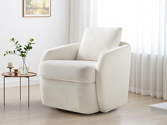 Swivel Barrel Chair Cloud 360° Upholstered Armchair with Removable Throw Pillow for Living Room Bedroom Modern Comfy Single Sofa Chairs Fully Assembled Set of 2 White