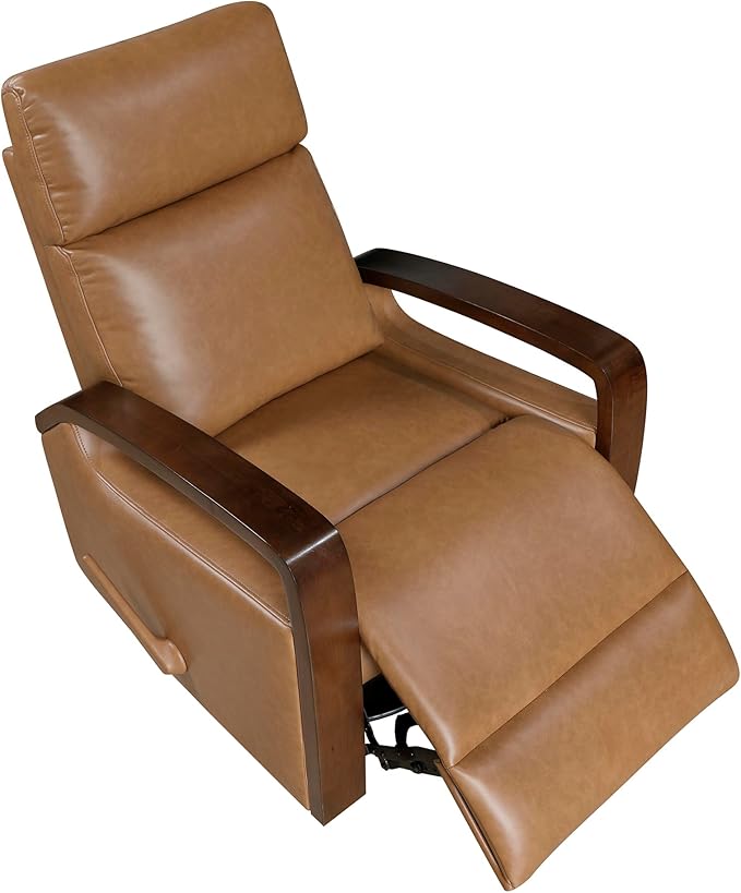 Lexicon 360 Degree Swivel Glider Reclining Chair Breathable Faux Leather Manual Recliner Comfy Nursery Glider Recliner Wood Arms Pull Handle for Living Room/Office/Bedroom/Apartment Camel Brown