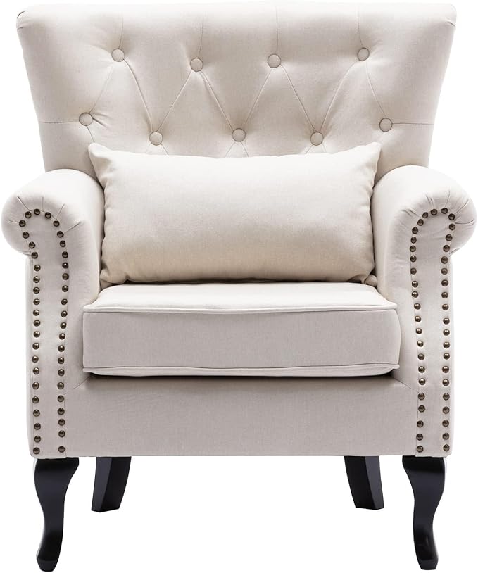 chairus Mid-Century Modern Accent Chair Comfy Tufted Single Sofa Chair Wingback Armchair with Pillow for Club Living Room Bedroom - Linen Beige