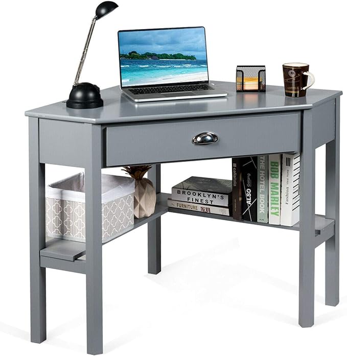 Corner Desk Compact Home Office Corner Desk Organizer90 Degrees Triangle Computer Laptop Writing Table for Small Spaces with Storage Shelf and Drawer (Gray)