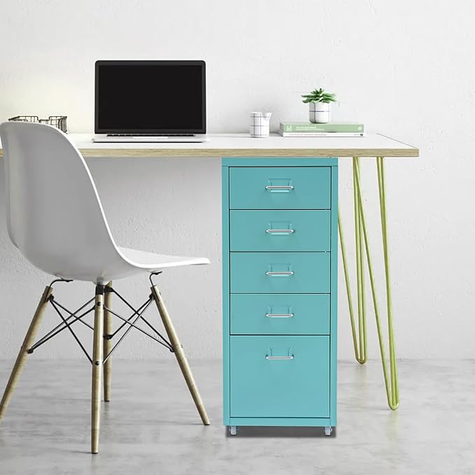 5-Drawer Chest Mobile Storage Cabinet with Wheels Under Office Desk Rolling File Cabinet with Storage Drawers Makeup Drawer Unit for Closet Pencils Scissors (Blue)