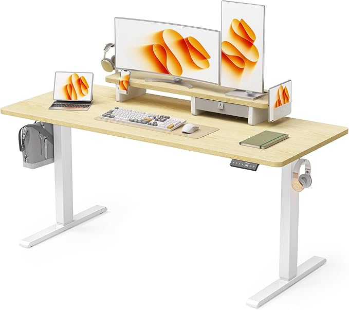 63x24 Inches Electric Standing Desk with Drawer and Monitor Stand Height Adjustable Sit to Stand up Desk for Home Office Ergonomic Computer Table with Phone Holder 3 Hooks Oak