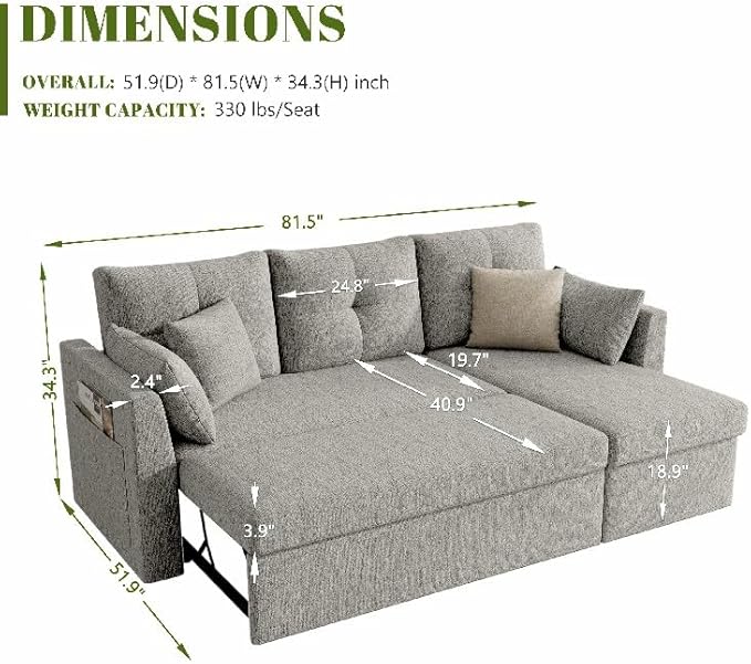 Sleeper Sofa Couch 2 in 1 Sectional Sleeper Couch Bed with Side Pocket Pullout Sofa Bed with Storage Chaise for Living Room Light Grey
