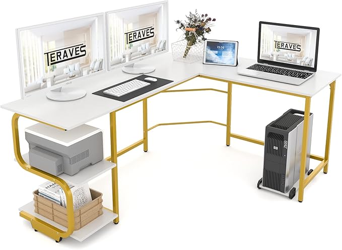 Teraves Reversible L Shaped Desk with Large Surface 69 Inch Sturdy Corner Desk with Storage Shelves Premium Office Computer Desk Workstation for Home Office Gaming