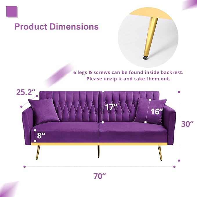 70” Velvet Futon Sofa Bed with 2 Pillows and Adjustable Armrests Convertible Sleeper Bed W/Adjustable Backrests Modern Loveseat for Living Room Bedroom Purpel