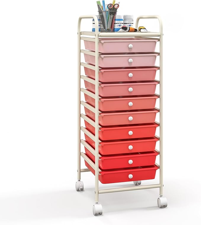 Giantex 10-Drawer Storage Cart w/Universal Wheel Rolling Cart w/Handle Home Organizer Storage Unit w/Removable Drawers Trolley Utility Cart for Kitchen Makeup Living Room Office Play Room
