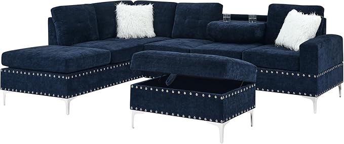 Living Room Furniture Sets L-Shape Sectional 5-Seater Sofa with Extra Wide Reversible Chaise Storage Ottoman and Cup Holders and Copper Nails 2 Pillows Navy Blue