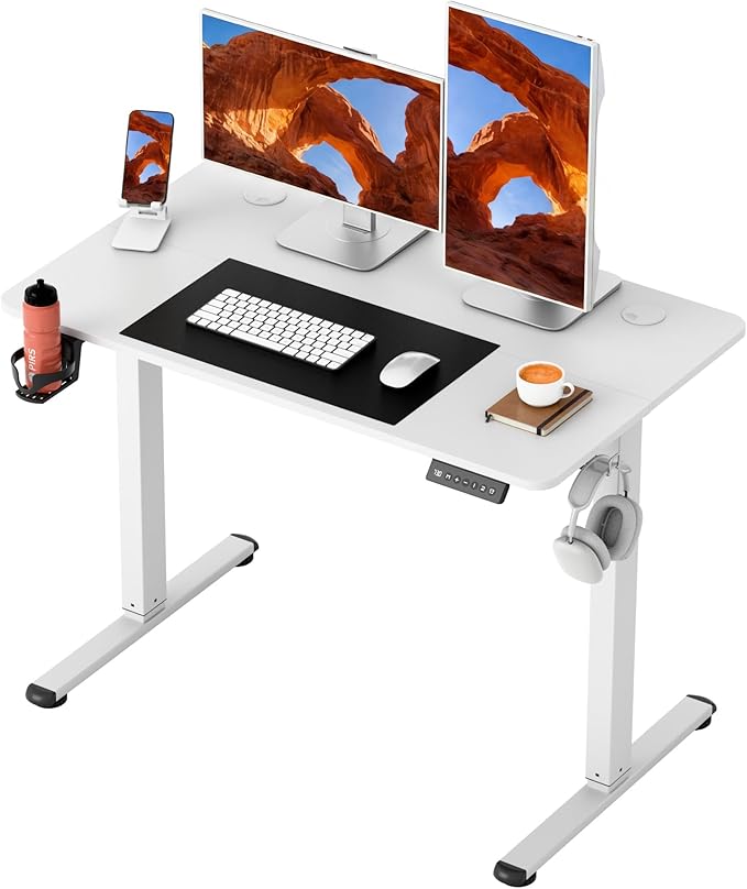 Furmax Electric Standing Desk 40 x 24 Inches Height Adjustable Sit Stand up Desk Memory Preset Computer Home Office Desks with Sturdy Metal Frame Phone Stand Cable Management Hole (White 40'')