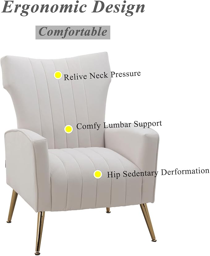 Artechworks Curved Tufted Accent Chair with Metal Gold Legs Velvet Upholstered Arm Club Leisure Modern Chair for Living Room Bedroom Patio White Cream