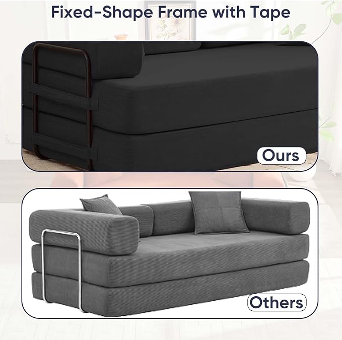 ijuicy 4-in-1 King Convertible Floor Sofa Bed w/ 2 PillowModular Sleeper Sofa/Folding Futon Couch Bed w/Cylindrical Backrest and Fixed FrameLounge CouchCorduroy Compression Sofas for Home-Dark Grey
