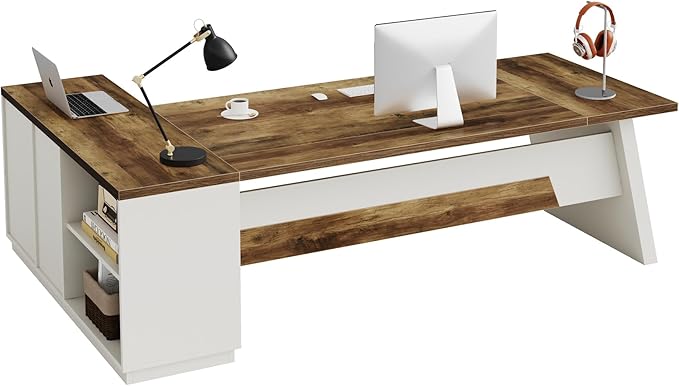 Tribesigns L-Shaped Executive Desk 78-Inch Modern Office Desk with Drawers and Lateral File Cabinet Large Bussiness Furniture with Storage Shelves Workstation for Home Office (Brown + White)
