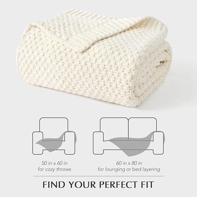 EVERGRACEHOME Chunky Chenille Knit Throw Blanket for Couch Soft Luxurious Moss Stitch Blankets for Bed Cozy Decorative Farmhouse Knitted Throws for Sofa Ivory White 60 x 80