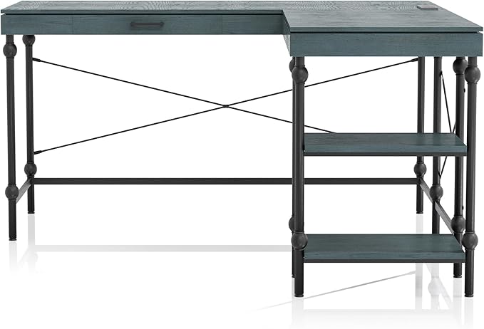 24/7 Shop at Home Monier Farmhouse Metal 2 Shelves Corner Computer Desk with USB Port Power Outlet 1 Drawer for Workstation Home Office Study Room Antique Blue