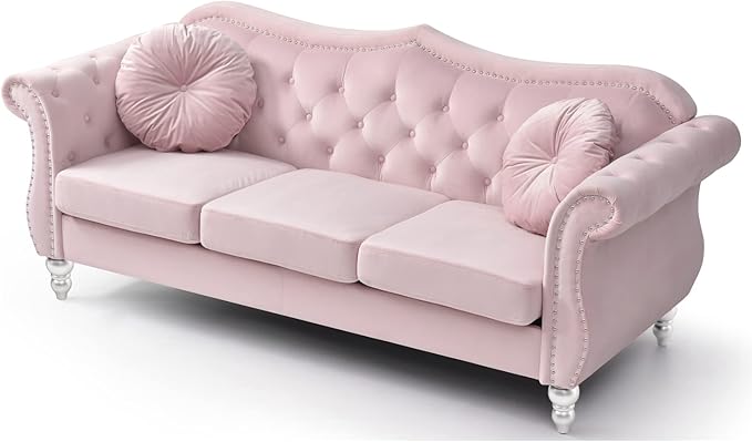 Maykoosh Velvet Sectional Sofa Tufted Living Room Couch Ruched Arm Style - 82 Wide Pink