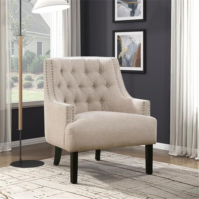 Pemberly Row Contemporary Chenille Accent Chair Beige Finish Solid Wood and Plywood Frame Button-Tufted Back Dacron-Wrapped Foam Cushions 18-Inch Seat Height Living Room or Office Seating