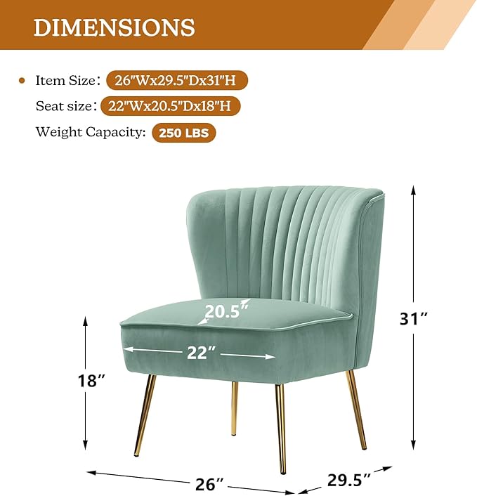 Tina's Home Velvet Armless Accent Chair Upholstered Modern Small Side Chair with Golden Legs Comfy Cute Wingback Slipper Chair for Living Room Study Beauty Room Thickly Padded(SAGE)