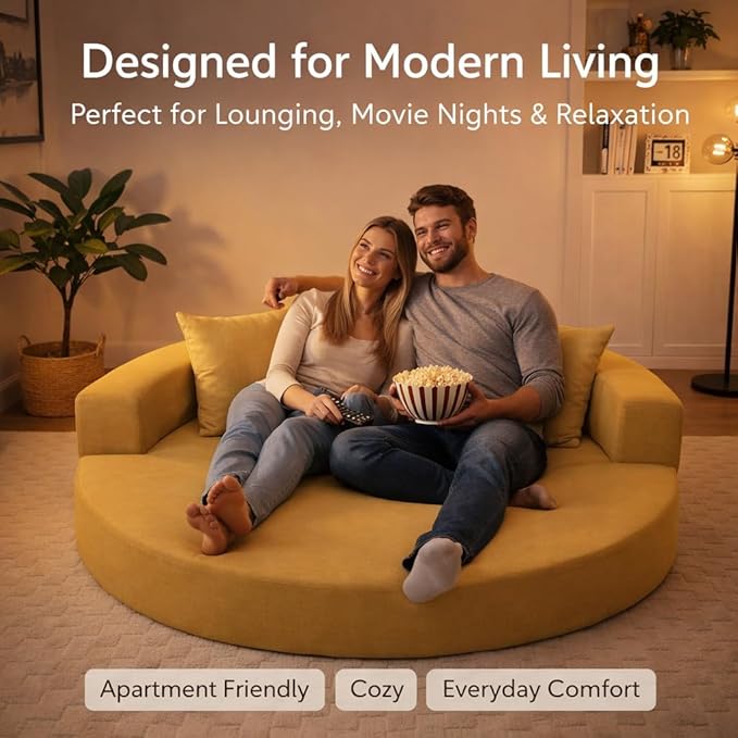 Convertible Round Sofa Bed 67 Corduroy Upholstered Loveseat Sleeper Couch Pull-Out Floor Bed with 3 Pillows No Assembly 550 lbs Weight Capacity (Yellow)