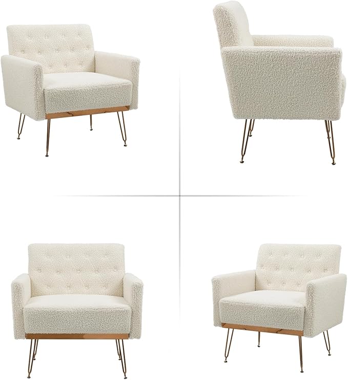 Olela Teddy Accent Chair with Arm for Living RoomModern Armchair Single Sofa Cozy Tufted Upholstered Reading Side Chairs with Gold Metal Leg for Bedroom Decorate (1 White -Teddy)