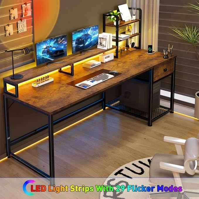 EnHomee 55 Inch Computer Desk with Hutch and DrawersReversible Home Office Desk with Monitor ShelfGaming Desks with USB Power OutletsWriting Gaming Table for Office with LED LightsRustic Brown