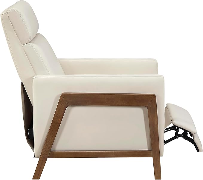 Lexicon Push Back Recliner Chair Faux Leather Upholstered Reclining Chair with Footrest Exposed Dark Brown Finish Wood Frame Small Recliner for Small Space Living Room Bedroom Light Beige
