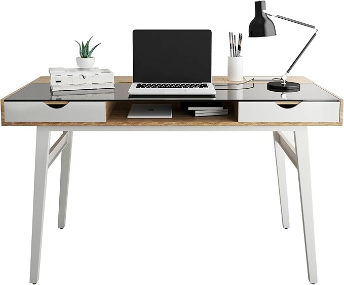 51 Compact Computer Desk with Black Tempered Glass Top Easy-Access Back Storage Compartment 2 Drawers Open Shelf and Cable Management Stylish Home Office Desk with White Steel Frame Walnut