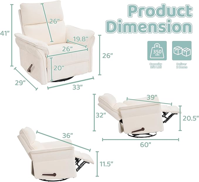 Oversized Rocking Chair Nursery with Adjustable Headrest 26 Extra Wide Glider Recliner Nursery Chair for Nursery 360° Swivel Rocker Recliner with Overstuffed Armrest White