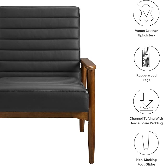 Modway Jensen Vegan Leather Accent Chair in Walnut Black - Mid-Century Modern Armchair with Solid Wood Legs &amp Armrest - Upholstered Faux Leather Single Side Chair - Reading Chair for Living Room
