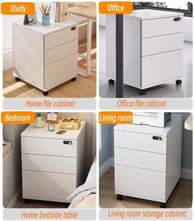 Mobile File Cabinet with Wheels 3-Tier Locking Cabinet with Drawers Vertical Under Desk Cabinet Multifunctional Storage Cabinet for Home and Office(White)