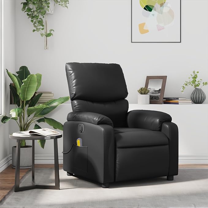 vidaXL Leather Massage Recliner Chair for Living Room Home Theater 6-Point Vibration Massage Adjustable Back &amp Footrest Side Pocket Black