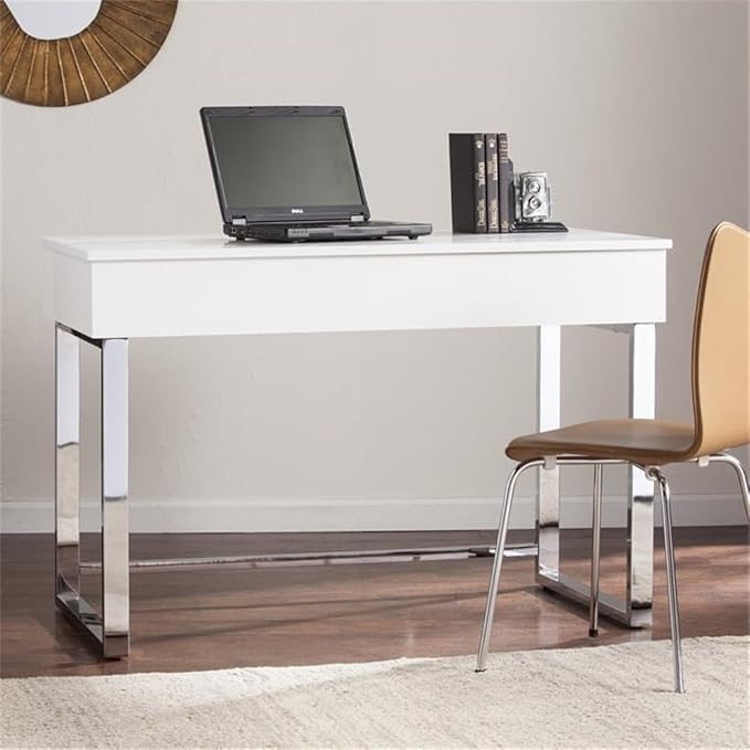 BOWERY HILL Modern Adjustable Height Wood &amp Metal Sit-Stand Desk 47.75 W x 23.75 D x 32 H High Gloss White Finish Ergonomic Lift-Top with Hidden Storage Contemporary Style Home Office Desk