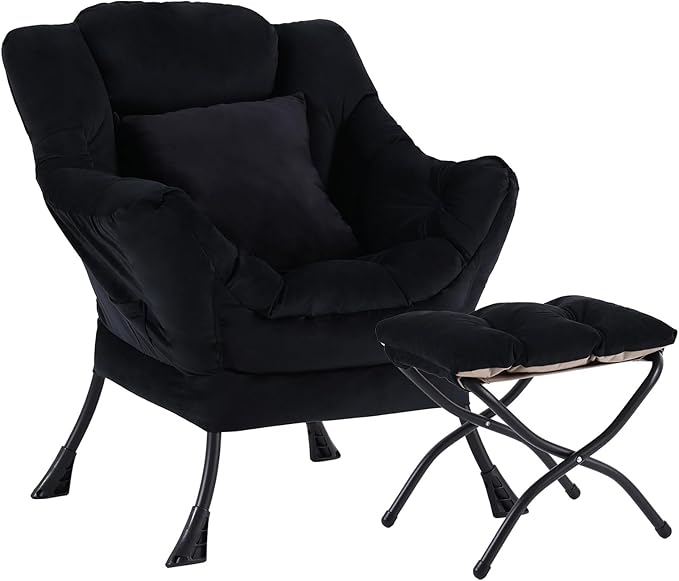 Lazy Chair with Ottoman Comfy Reading Lounge Chair with Footstool &amp Throw Pillow Modern with Armrests &amp Side Pocket for Living Room Bedroom Dorm Room Velvet Black