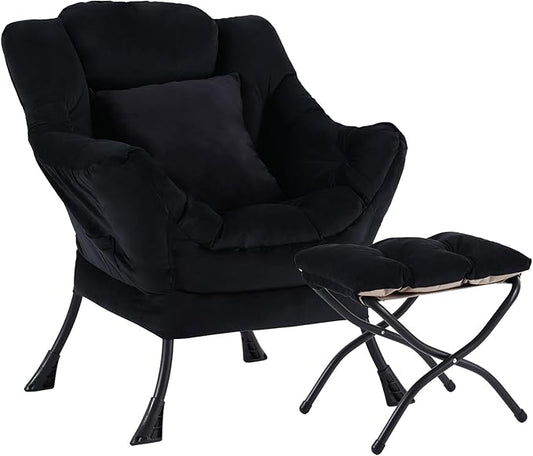 Lazy Chair with Ottoman Comfy Reading Lounge Chair with Footstool &amp Throw Pillow Modern with Armrests &amp Side Pocket for Living Room Bedroom Dorm Room Velvet Black