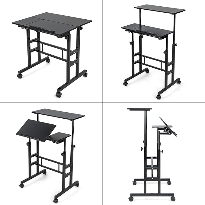 Tangkula Mobile Stand Up Desk Height Adjustable Home Office Desk with Standing &amp Seating 2 Modes Tilting Tabletop &amp Flexible Wheels Rolling Laptop Cart Sit Stand Desk (Black)