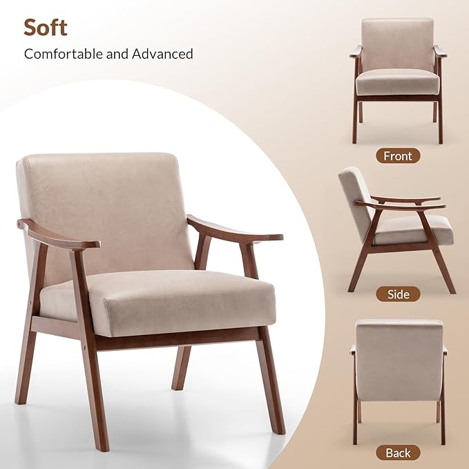 Rovibek Upholstered Accent Chair with Arms - Mid Century Modern Accent Chairs with Wood Frame Upholstered Arm Chairs with 5.9in Thick Foam Beige Occasional Chair Set of 2
