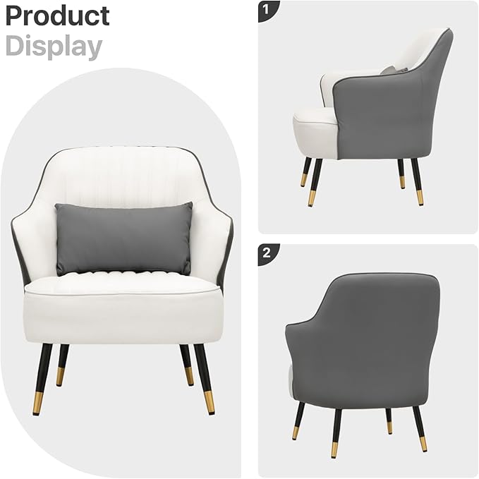 Accent Chair with Lumbar Pillow Comfy Reading Chair Mid Century Modern Barrel Chair Upholstered Single Sofa Chair with Metal Legs for Living Room Bedroom White &amp Grey