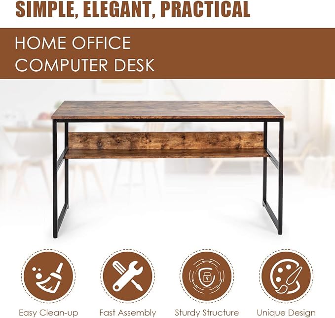 DORTALA 55 Industrial Computer Desk Contemporary Writing Table w/Storage Shelf Large Tabletop Sturdy Metal Structure Adjustable Foot Pads