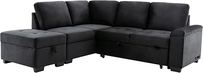 87.4 Sleeper Sectional Ottoman and Hidden Arm StoragePull-Out L-Shape Corner Couch Sofa-Bedw/USB ChargeErgonomic Designfor DormApartmentStudioOfficeBlack