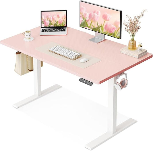 OffiGo Electric Height Adjustable Standing Desk 40 Inch Pink Computer Desk for Women Girls Sit Stand Table for Home Office Bedroom