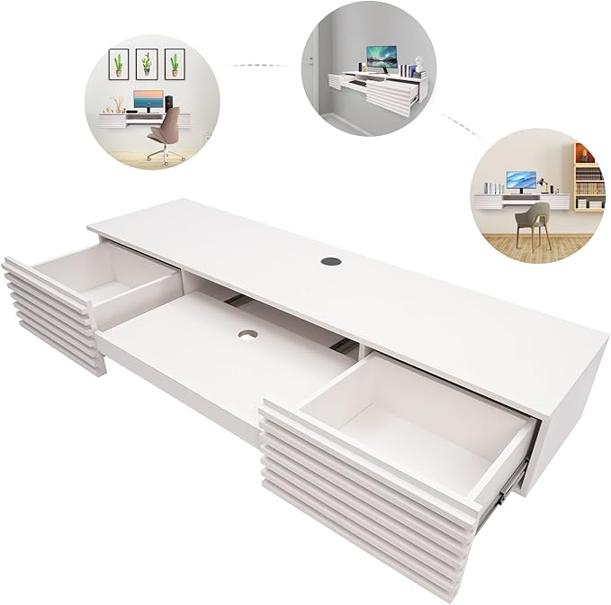 Floating Wall Mount Computer Desk Floating Shelf with 2 Drawer &amp Keyboard Tray Home Office Desk Workstation Cable Hole Laptop PC Table for Living Room Bedroom Office White
