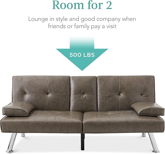 Best Choice Products Faux Leather Upholstered Modern Convertible Futon Adjustable Folding Sofa Bed Guest Bed w/Removable Armrests - Gray
