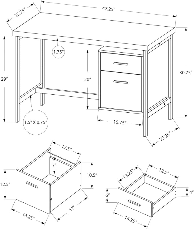 Pemberly Row 48 Metal Computer Desk Dark Taupe Finish Stylish Silver Legs Large Paneled Surface Storage Drawer and File Drawer Contemporary Home Office Desk