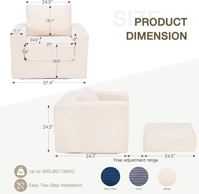 EROMMY 37.4 Boneless Swivel Accent ChairOversized Detachable Seat Swivel Chair for Living Room and Bedroom Modern Corduroy Upholstered Accent Armchair Beige