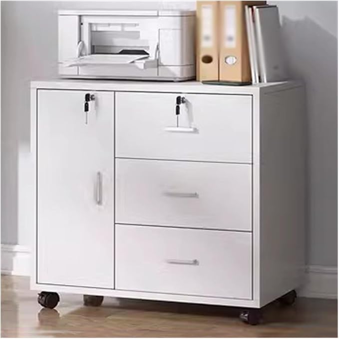 Three Drawer Wood File Cabinet with a Storage Cabinet Office Filing with Lock and Removable Rollers (Color : White)
