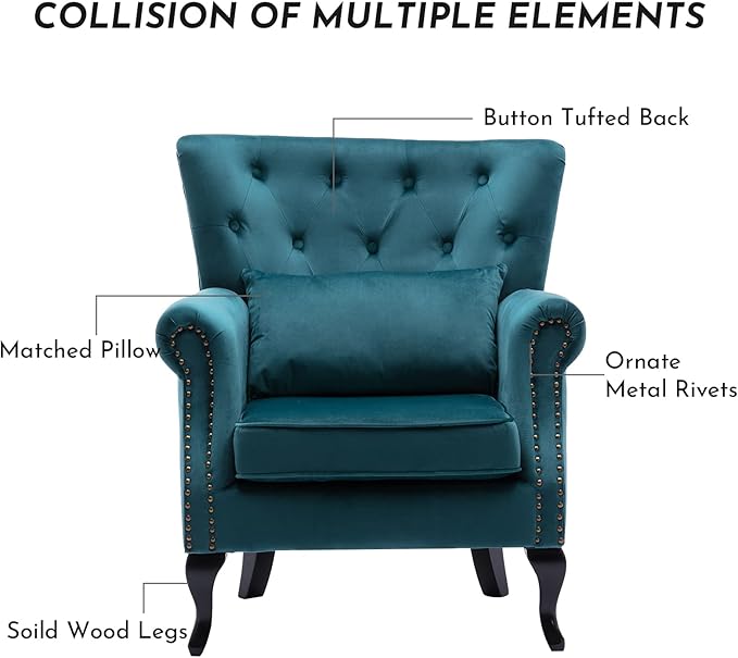 Accent Reading Arm Chairs for Living Room Bedroom Midcentury Modern Comfy Corner Sofa Chair Wingback Waiting Room Club Chair with Button Tufted Back &ampLumbar Pillow Velvet Teal