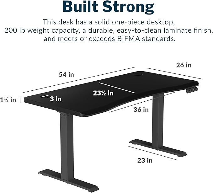 Vari Ergo 54x26 Electric Standing Desk – Height Adjustable Sit Stand VariDesk + Curved Waterfall Edge 4 Memory Settings Quick Assembly Cable Management 200 lb Capacity – Black (2 Boxes)