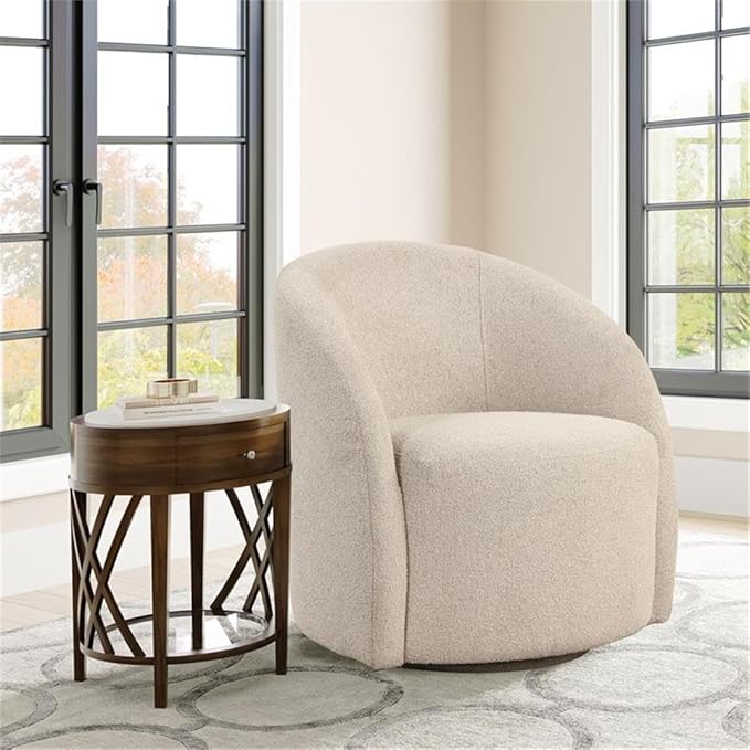 Pemberly Row Swivel Accent Chair Khaki Beige Boucle Upholstery High-Density Foam Cushion Solid Wood Frame Upholstered Base Low Profile Back Stylish and Durable Living Room or Makeup Table