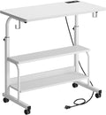 soges Height Adjustable Desk with Charging Station Mobile Computer Workstation with 2 Storage Shelves Small Rolling Desk on Wheels for Home Office White