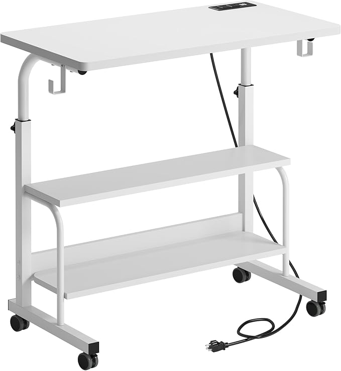 soges Height Adjustable Desk with Charging Station Mobile Computer Workstation with 2 Storage Shelves Small Rolling Desk on Wheels for Home Office White