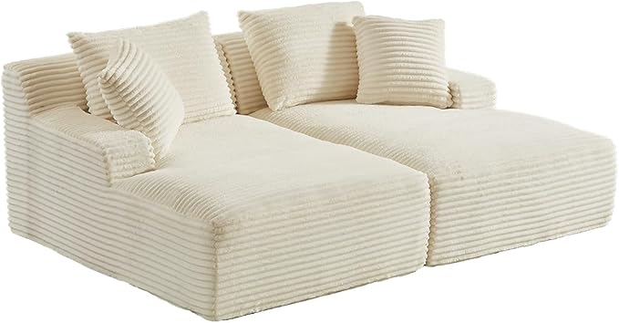 Oversized Double Chaise Lounge Chair IndoorWide Corduroy Boneless Chaise Lounges Sofa Comfy Upholstered Sectional Cloud Couch No Assembly Required Loveseat Sleeper Chair Bed for Living Room (White)